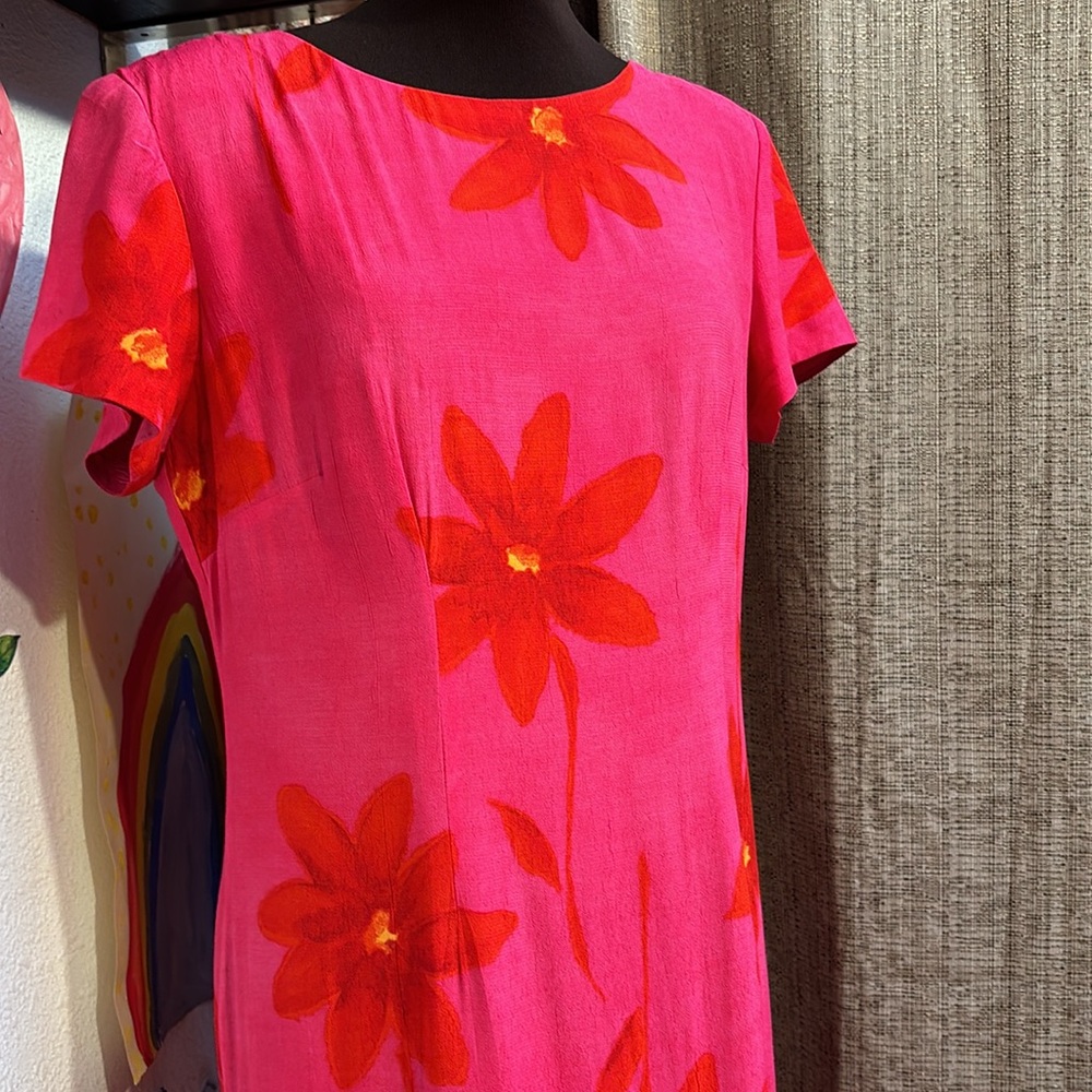 Vintage 1980’s Karin Stevens, short sleeve dark pink/red floral dress. Size 10.